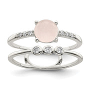 Sterling Silver Polished CZ and Pink Quartzite Double Ring