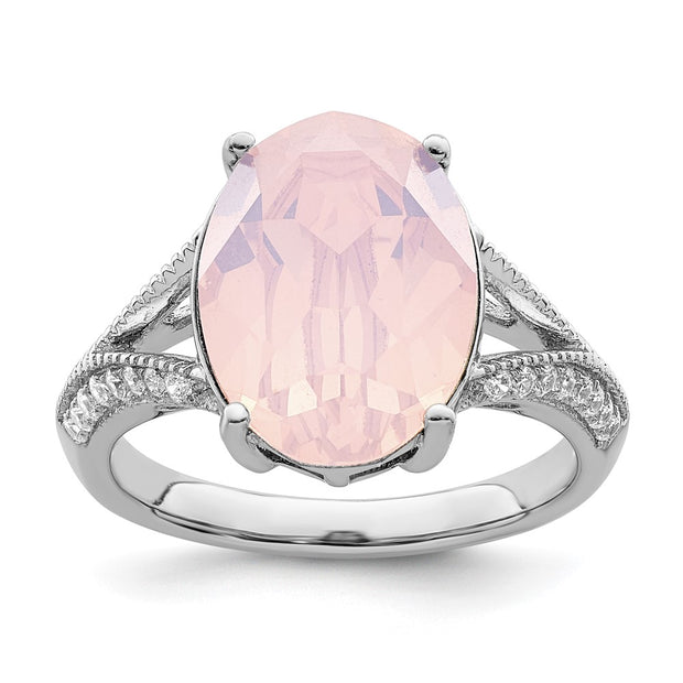 Sterling Silver Rhodium-plated Polished CZ & Pink Crystal Ring