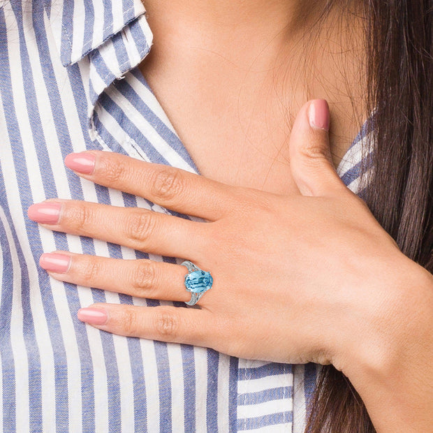 Sterling Silver Rhodium-plated Polished CZ & Blue Swarovski Crystal Ring