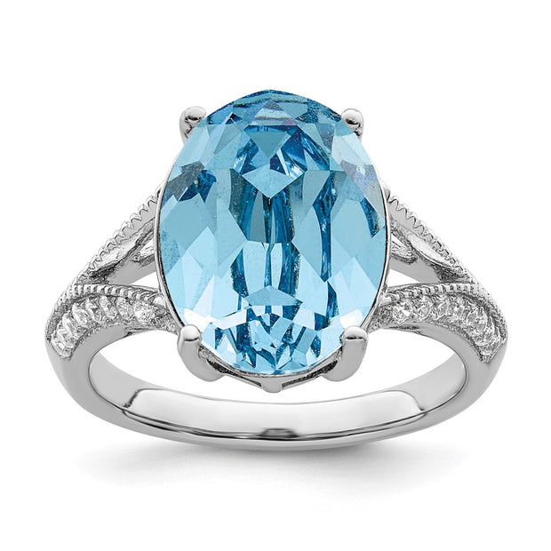 Sterling Silver Rhodium-plated Polished CZ & Blue Swarovski Crystal Ring