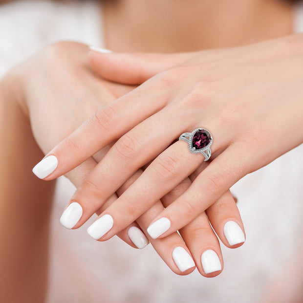 Sterling Silver Rhodium-plated CZ & Dk Purple Crystal Ring