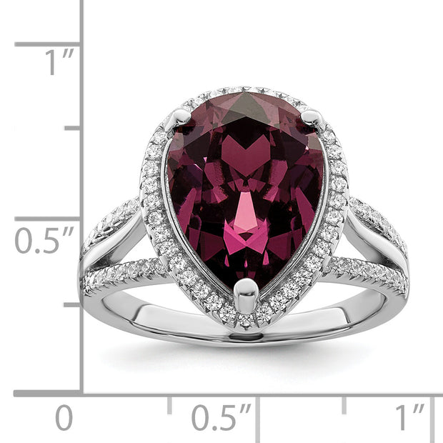 Sterling Silver Rhodium-plated CZ & Dk Purple Crystal Ring