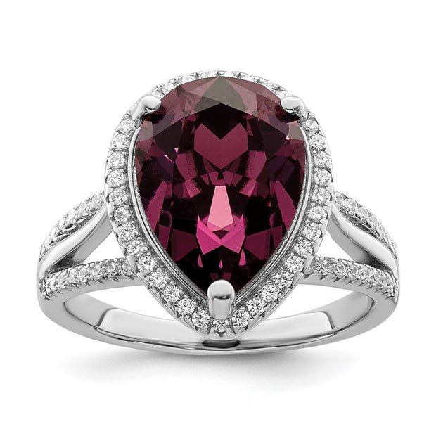 Sterling Silver Rhodium-plated CZ & Dk Purple Crystal Ring