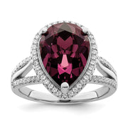 Sterling Silver Rhodium-plated CZ & Dk Purple Crystal Ring