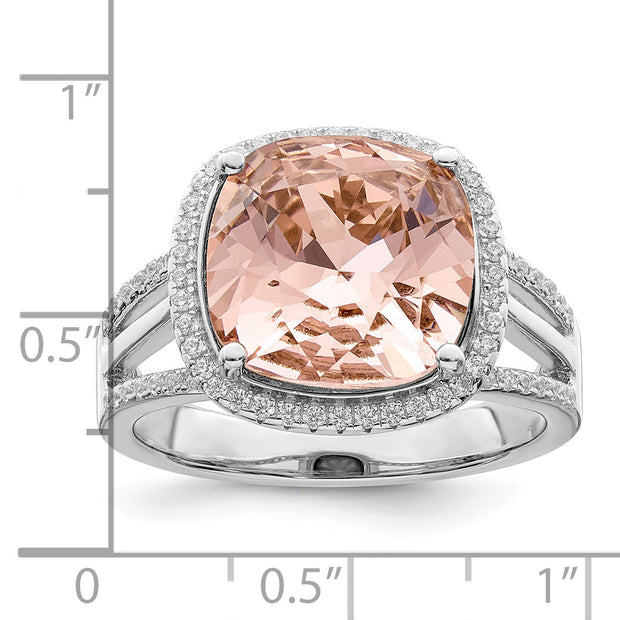 Sterling Silver Rhodium-plated Polished CZ & Peach Crystal Ring