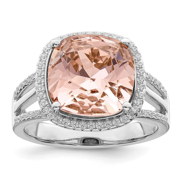 Sterling Silver Rhodium-plated Polished CZ & Peach Crystal Ring