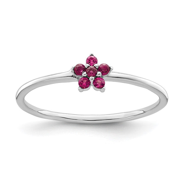 Sterling Silver Rhodium-plated Polished Red CZ Flower Ring