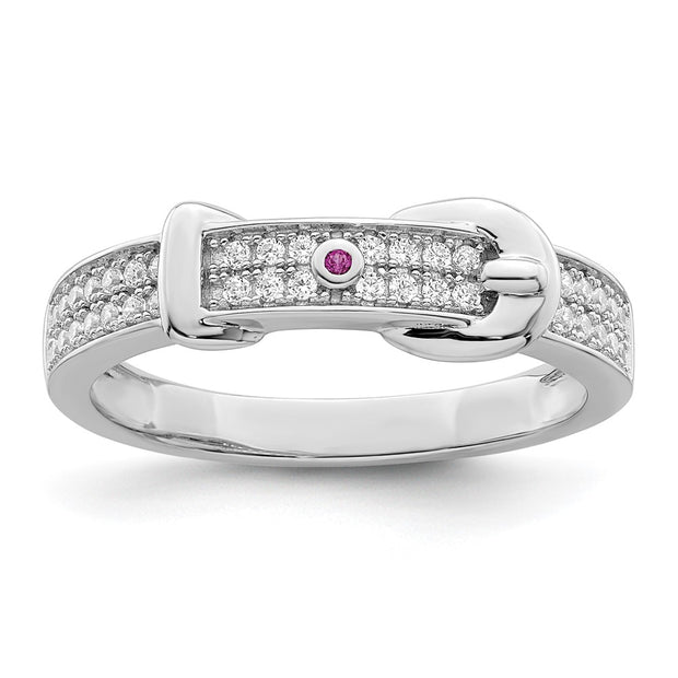 Sterling Silver Rhodium plated Created Red Corundum & CZ Buckle Ring