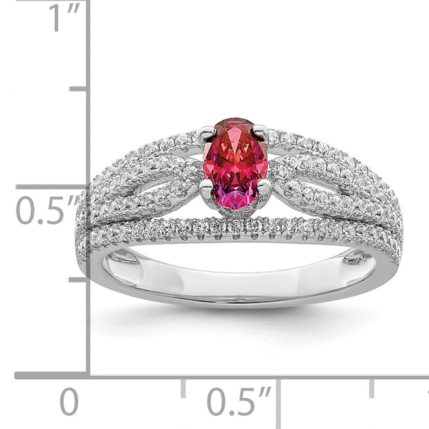 Sterling Silver Rhodium plated Red Crystal & CZ Ring
