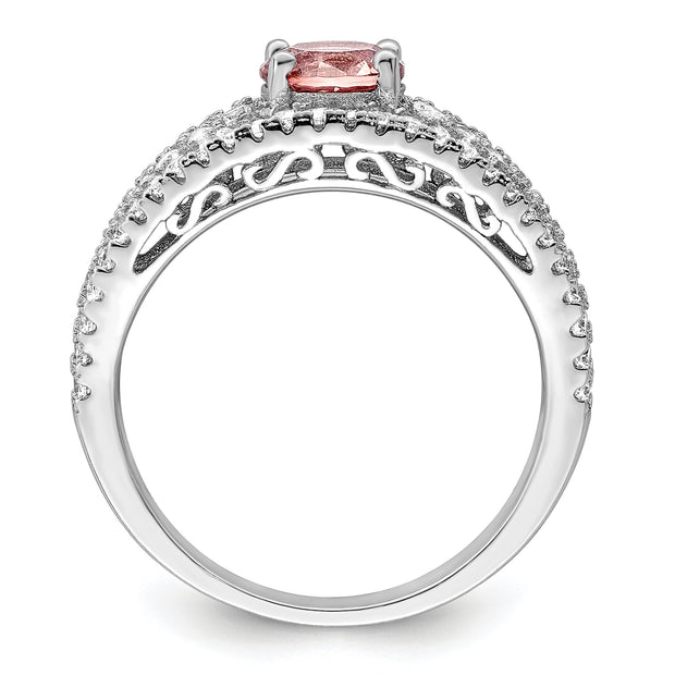 Sterling Silver Rhodium-plated CZ and Pink Glass Fancy Ring