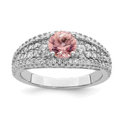 Sterling Silver Rhodium-plated CZ and Pink Glass Fancy Ring