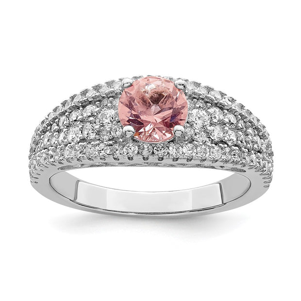 Sterling Silver Rhodium-plated CZ and Pink Glass Fancy Ring
