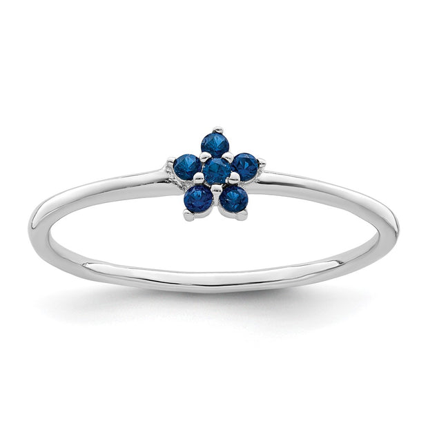 Sterling Silver Rhodium-plated Polished Blue CZ Flower Ring