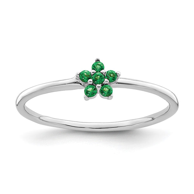 Sterling Silver Rhodium-plated Polished Green CZ Flower Ring