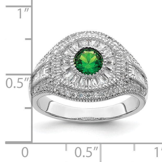 Sterling Silver Rhodium-plated Polished Green & White CZ Ring