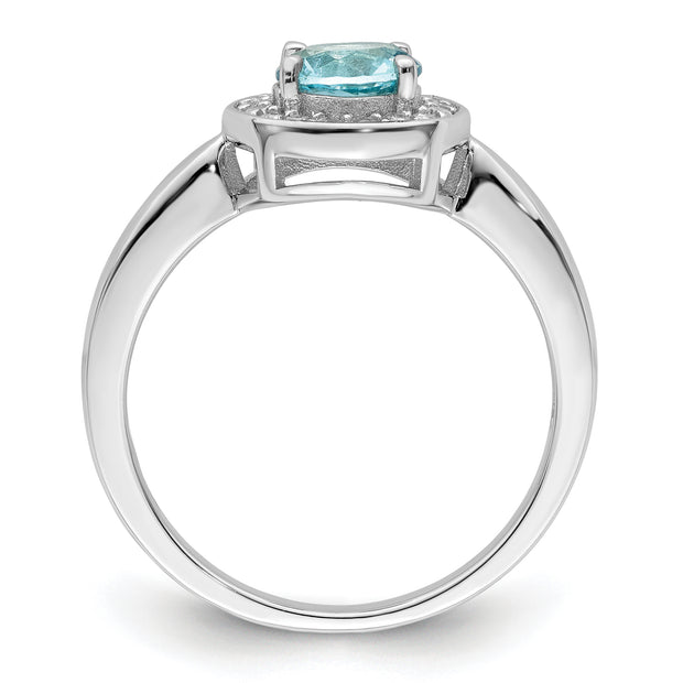 Sterling Silver Rhodium-plated CZ and Light Blue Glass Stone Ring