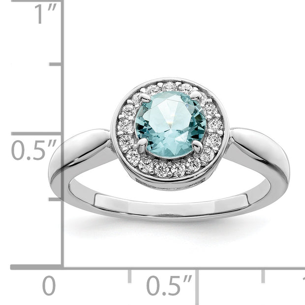 Sterling Silver Rhodium-plated CZ and Light Blue Glass Stone Ring