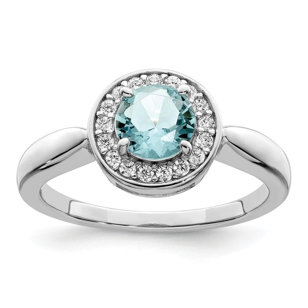 Sterling Silver Rhodium-plated CZ and Light Blue Glass Stone Ring