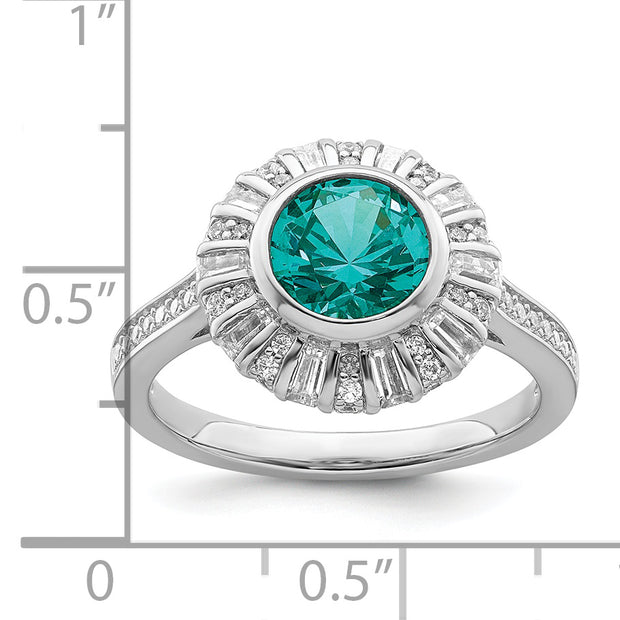 Sterling Silver Rhodium plated White and Teal CZ Ring