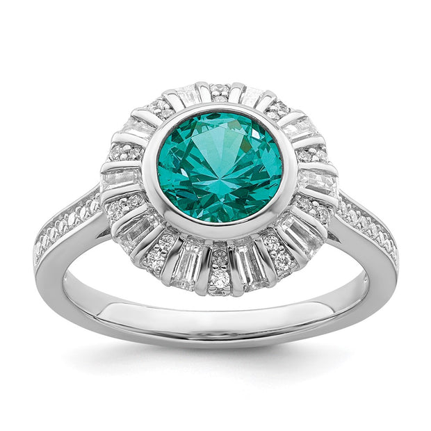 Sterling Silver Rhodium plated White and Teal CZ Ring