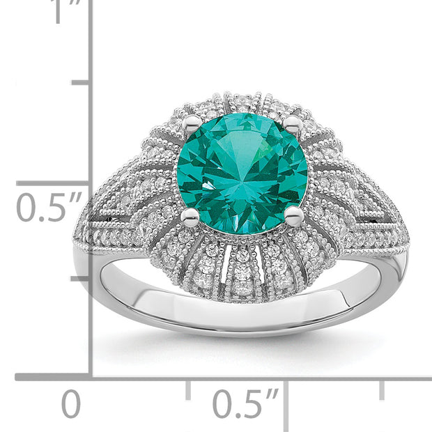 Sterling Silver Rhodium-plated Clear and Teal CZ Vintage Style Ring