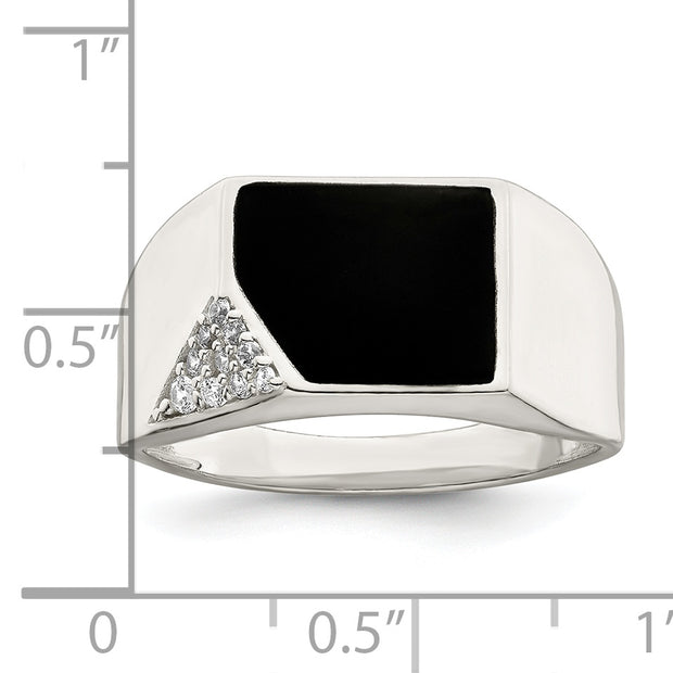 Sterling Silver Black Enameled and CZ Mens Ring