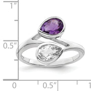 Sterling Silver Rhodium-plated Pear Shape Amethyst & White Topaz Ring