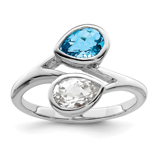 Sterling Silver Rhodium-plated Polished Blue & White Topaz ByPass Ring