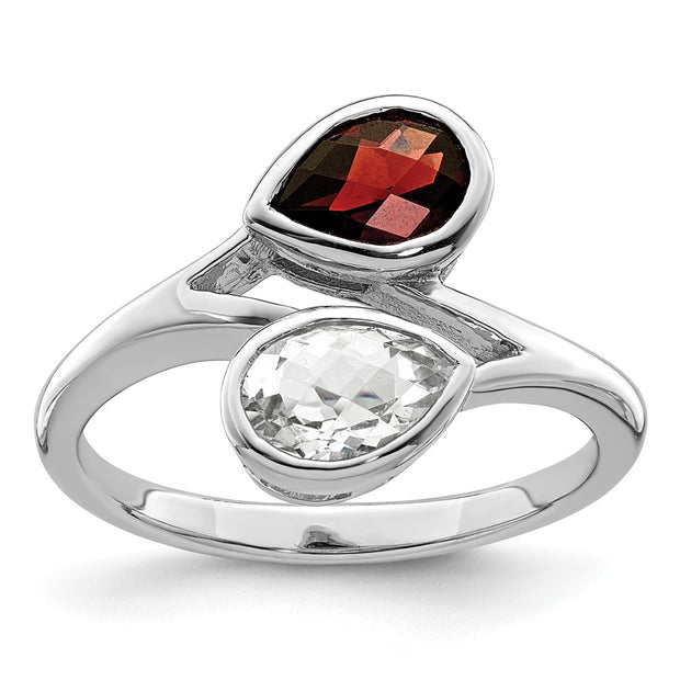 Sterling Silver Rhodium-plated Polished Garnet & White Topaz ByPass Ring