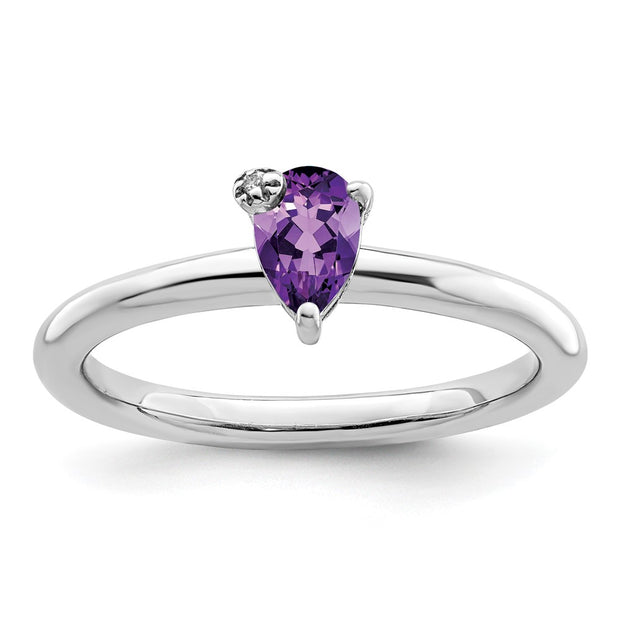 Sterling Silver Rhodium-plated Polished Pear Amethyst & White Topaz Ring