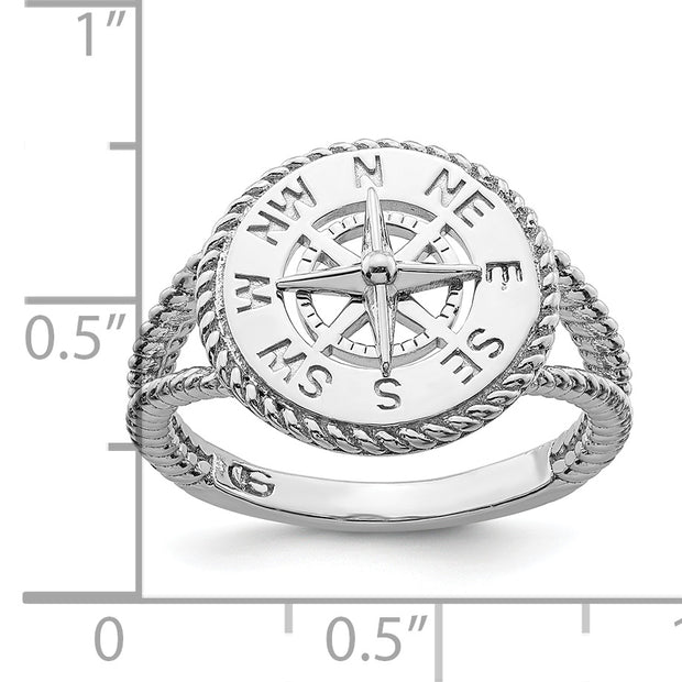 Sterling Silver Rhodium-plated Polished Compass w/Rope Trim Ring