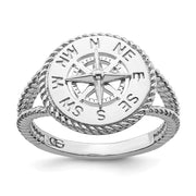 Sterling Silver Rhodium-plated Polished Compass w/Rope Trim Ring