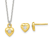 SS & Gold-tone CZ Heart Children's 14in Necklace & Post Earrings Set