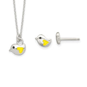 Sterling Silver Yellow Enamel Bird Children's Necklace & Post Earrings Set