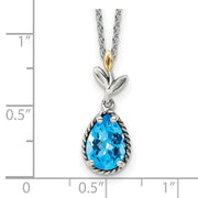 Sterling Silver Antiqued w/14K Leaf Pear 1.9 Blue Topaz w/2in ext Necklace