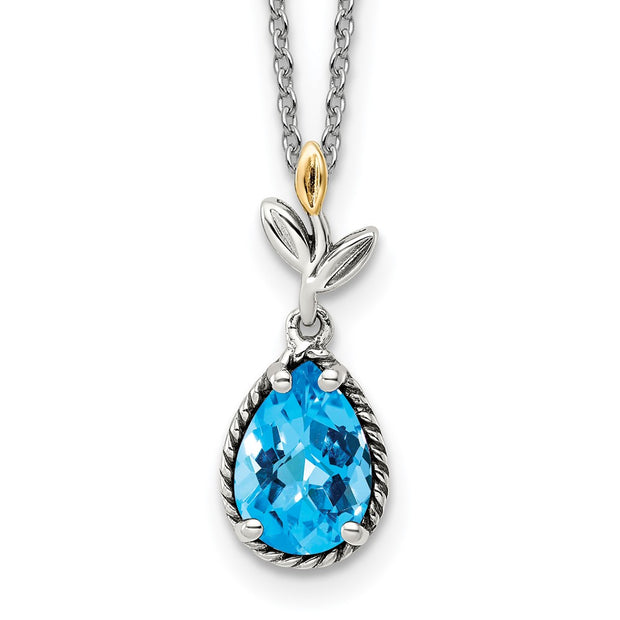 Sterling Silver Antiqued w/14K Leaf Pear 1.9 Blue Topaz w/2in ext Necklace