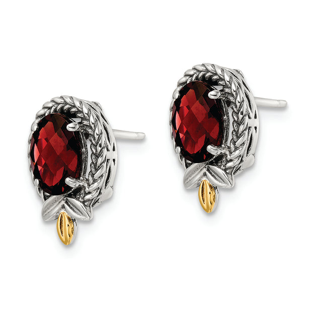 Sterling Silver w/14k Antiqued Braided Oval 2.59GA Garnet Post Earrings