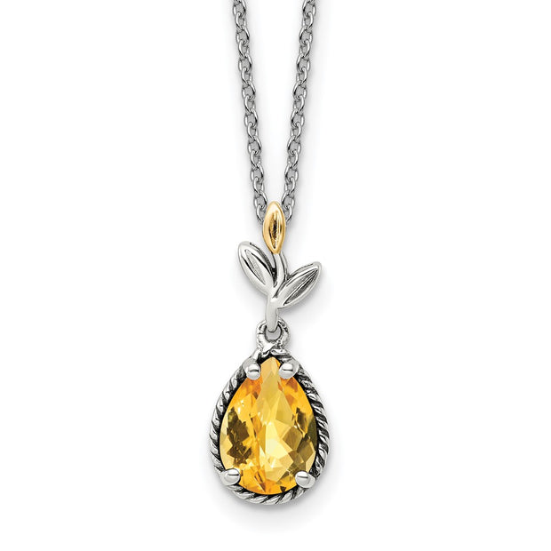 Sterling Silver w/14k Antiqued Leaves Pear Shaped 1.45CI Citrine Necklace