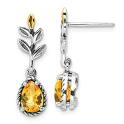 Sterling Silver w/14k Antiqued Leaf 1.26CI Citrine Dangle Post Earrings