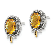 Sterling Silver w/14k Antiqued Braided Oval 2.09CI Citrine Post Earrings