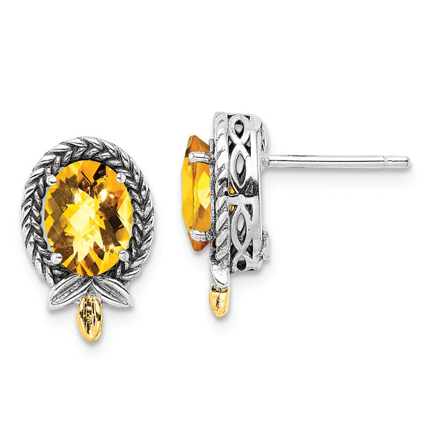 Sterling Silver w/14k Antiqued Braided Oval 2.09CI Citrine Post Earrings