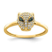 14K Polished Green & White CZ Lioness Head Ring