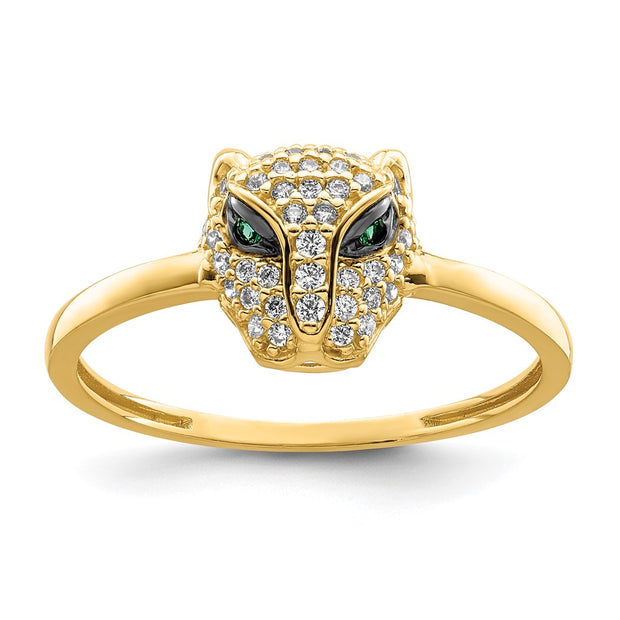 14K Polished Green & White CZ Lioness Head Ring