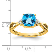 14k Checkerboard Blue Topaz and Diamond Ring