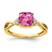 14k Checkerboard Created Pink Sapphire and Diamond Ring