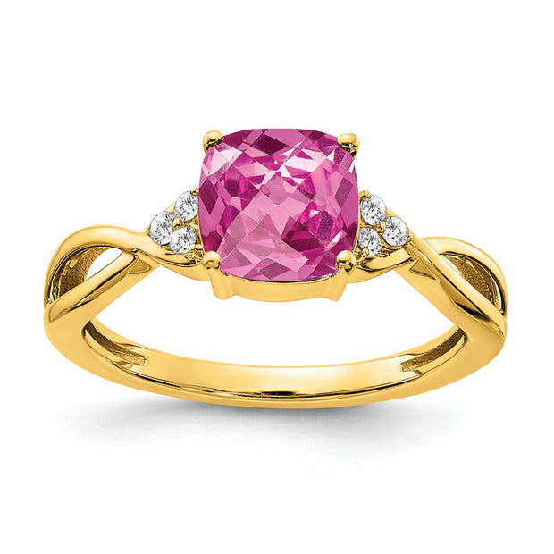 14k Checkerboard Created Pink Sapphire and Diamond Ring