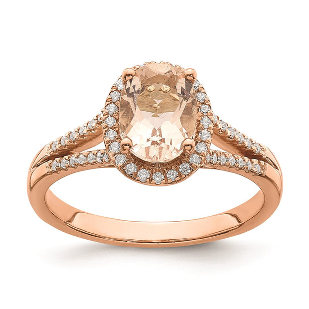 14k Rose Gold Morganite Diamond Halo Complete Engagement Ring