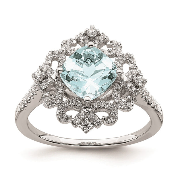 14k White Gold Aquamarine Vintage Diamond Halo Complete Engagement Ring
