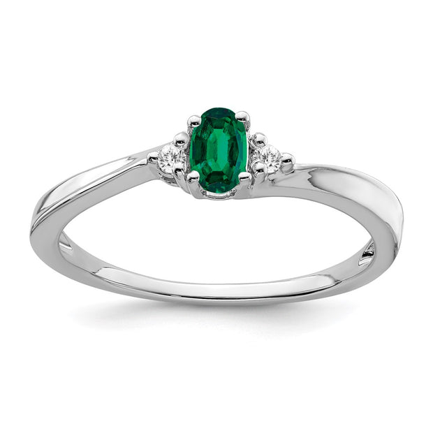 14k White Gold Created Emerald and Diamond Ring