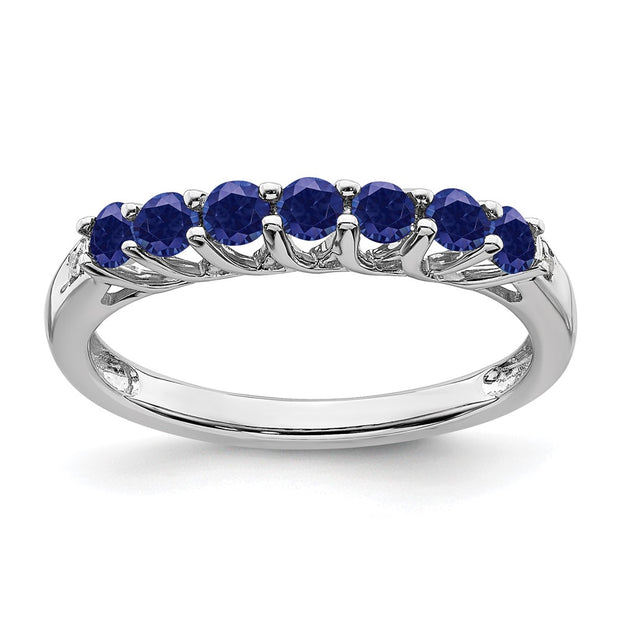 14k White Gold Created Sapphire and Diamond 7-stone Ring